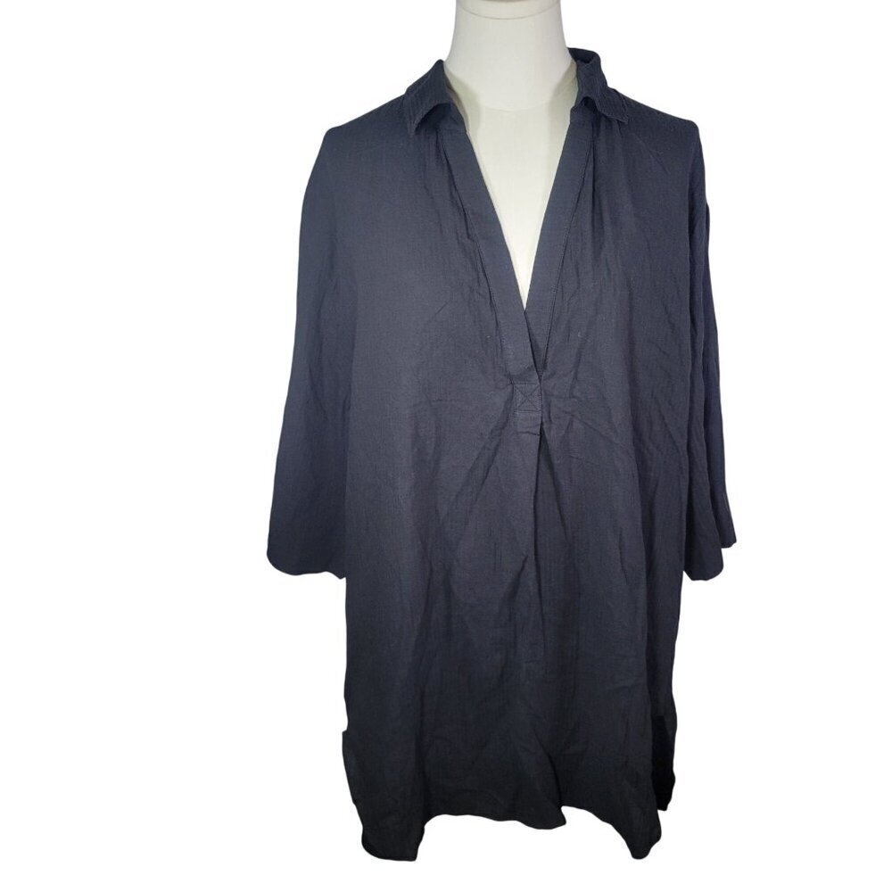 J.Crew Women Black Cotton Lightweight Collared V-Neck Tunic Top Shirt Size XL